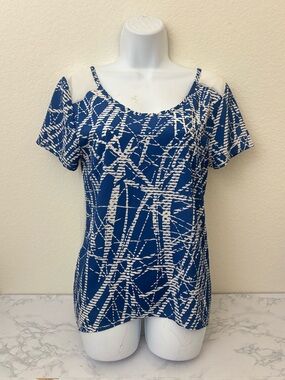 L.O.T. Apparel Pullover Semi Sheer Top Women’s M Blue While Strappy Blouse